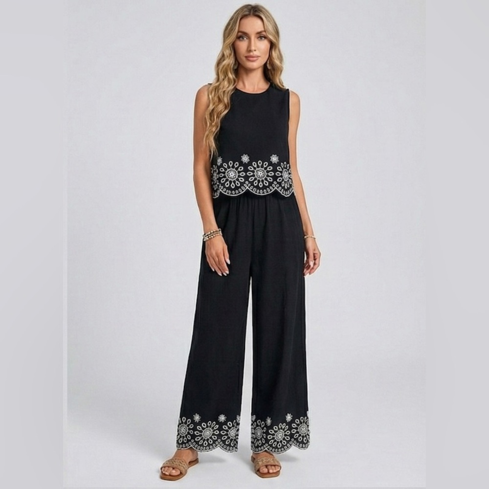 Boho Scalloped Hem Sleeveless Top & Wide Leg Pants Black - Picture 6 of 8